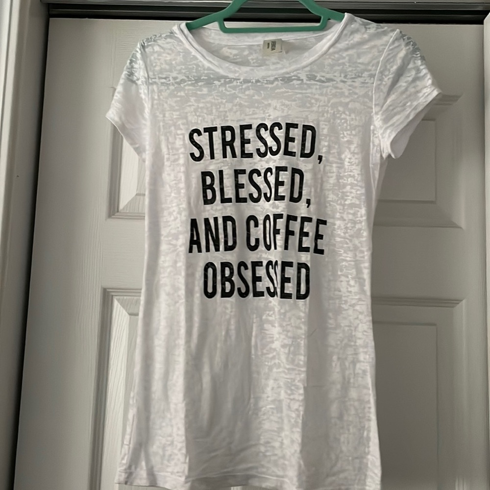 Size Med (fits small), white T-shirt